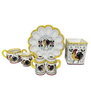 UCAGCO Early Provincial Rooster Roses Lot Salt Shakers Egg Plate Country Farm